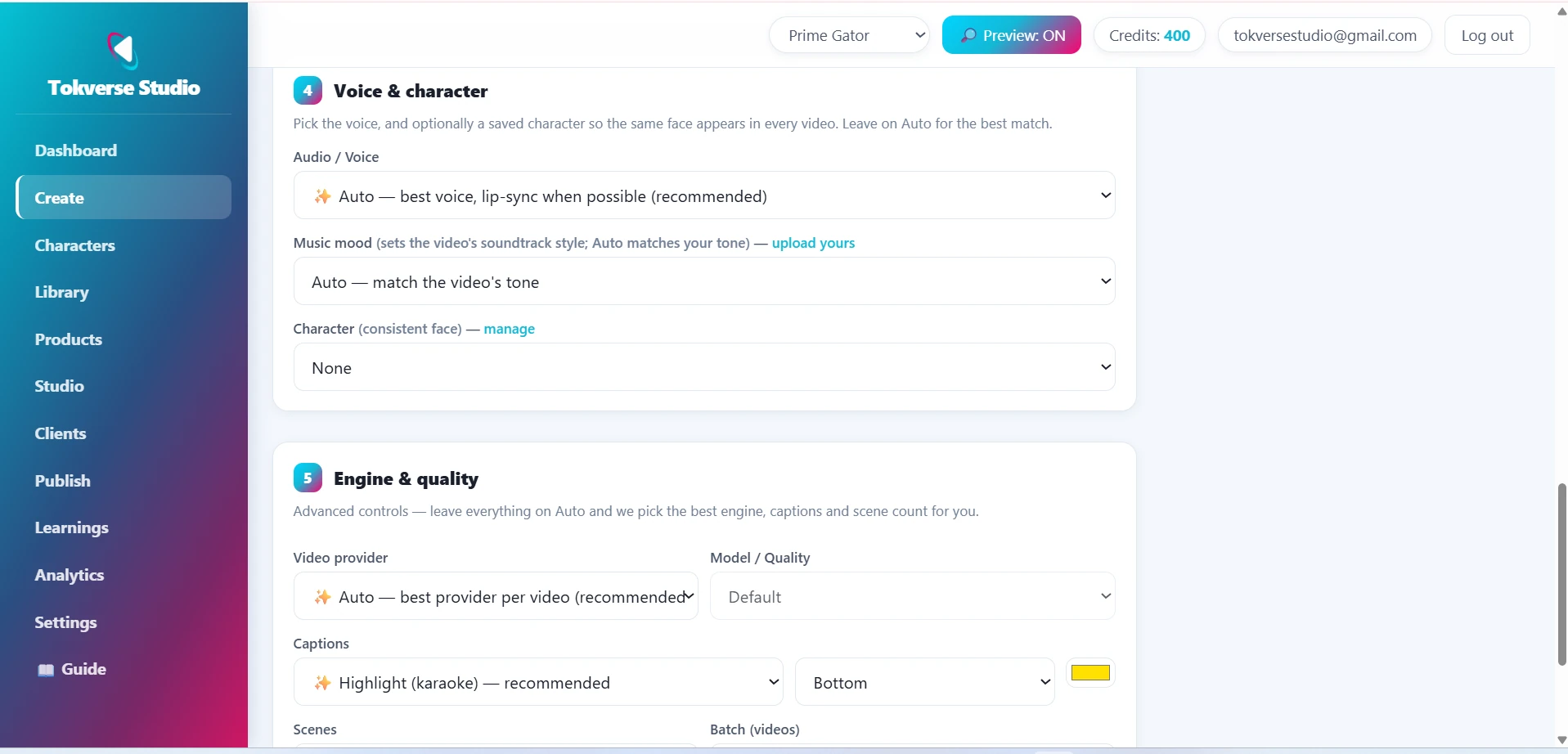 Create a video — voice, character and engine settings
