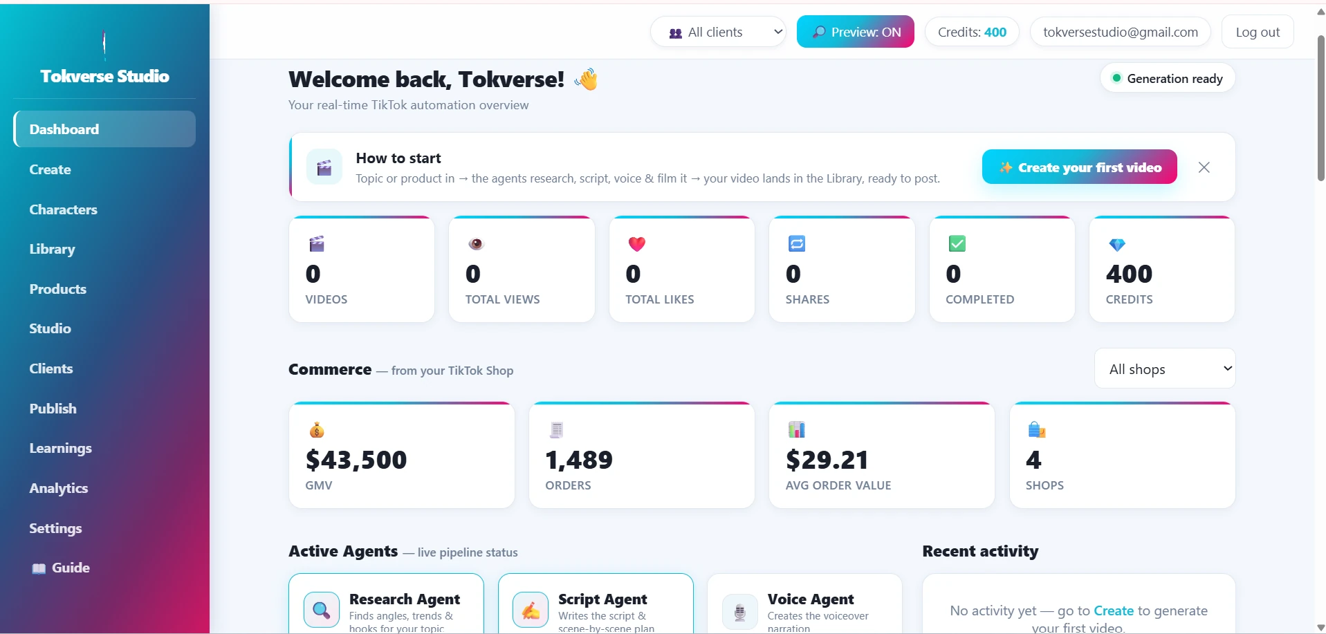 Dashboard overview with KPIs and commerce stats