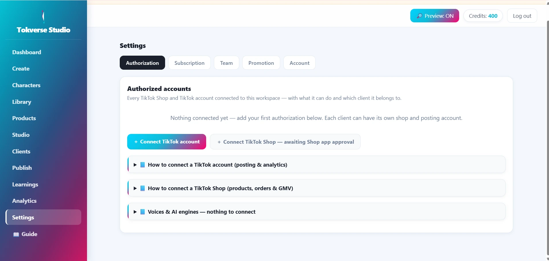 Settings — TikTok authorization